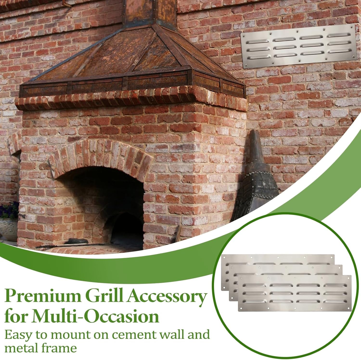 Stainless Steel Venting Panel Set for Grills - Rectangle Vent Covers for Masonry Fire Pits and Outdoor Kitchens, 15 x 4.5 Inches (3 Pack)