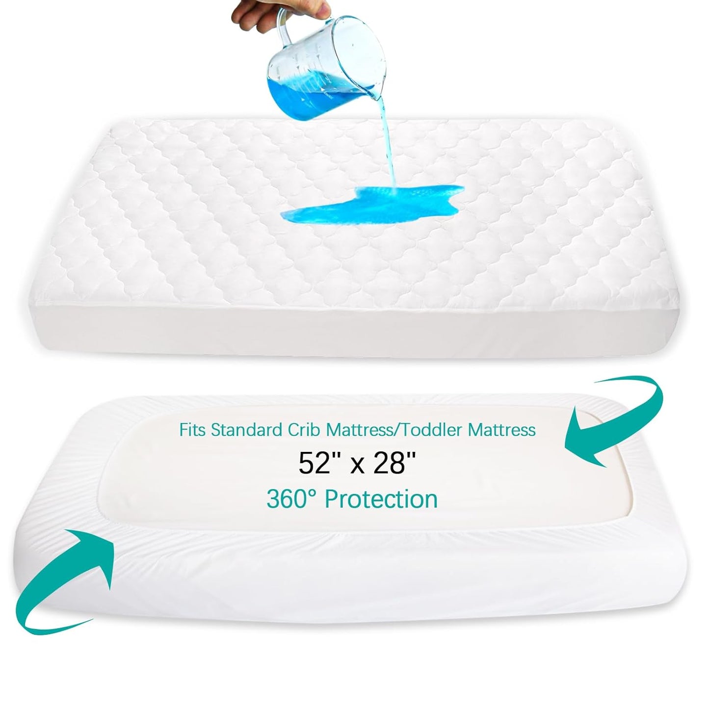 Crib Mattress Protector Sheets Fitted Waterproof Crib Mattress Pad Cover, Noiseless & Machine Wash 100% Absorbent Crib/Toddler Mattress Protector Sheet Quilted, White, 52" X 28"