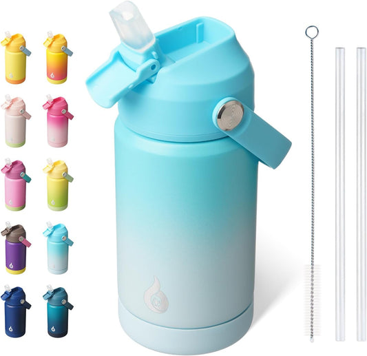 Insulated Water Bottle with Straw Lid, 12Oz Thermos Water Bottles, Flex Handle & Non-Slip Boot, BPA Free Leak Proof Stainless Steel Metal Thermos, Tumblers, Cups, Sea Salt