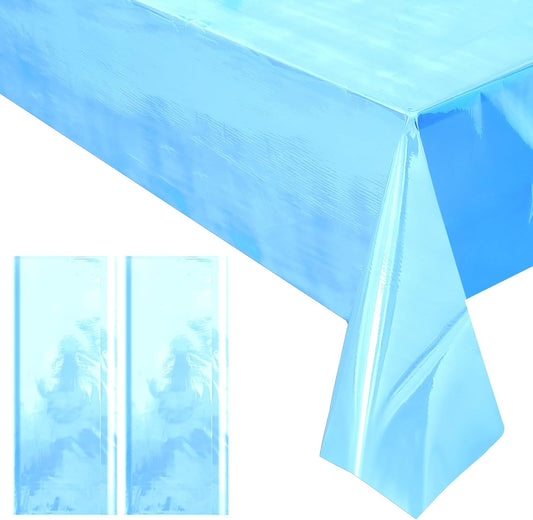 Set of 2 Blue Iridescent Disposable Tablecloths - 40 x 108 inches - Shiny Holographic Table Covers for Party, Wedding, and Banquet Decor