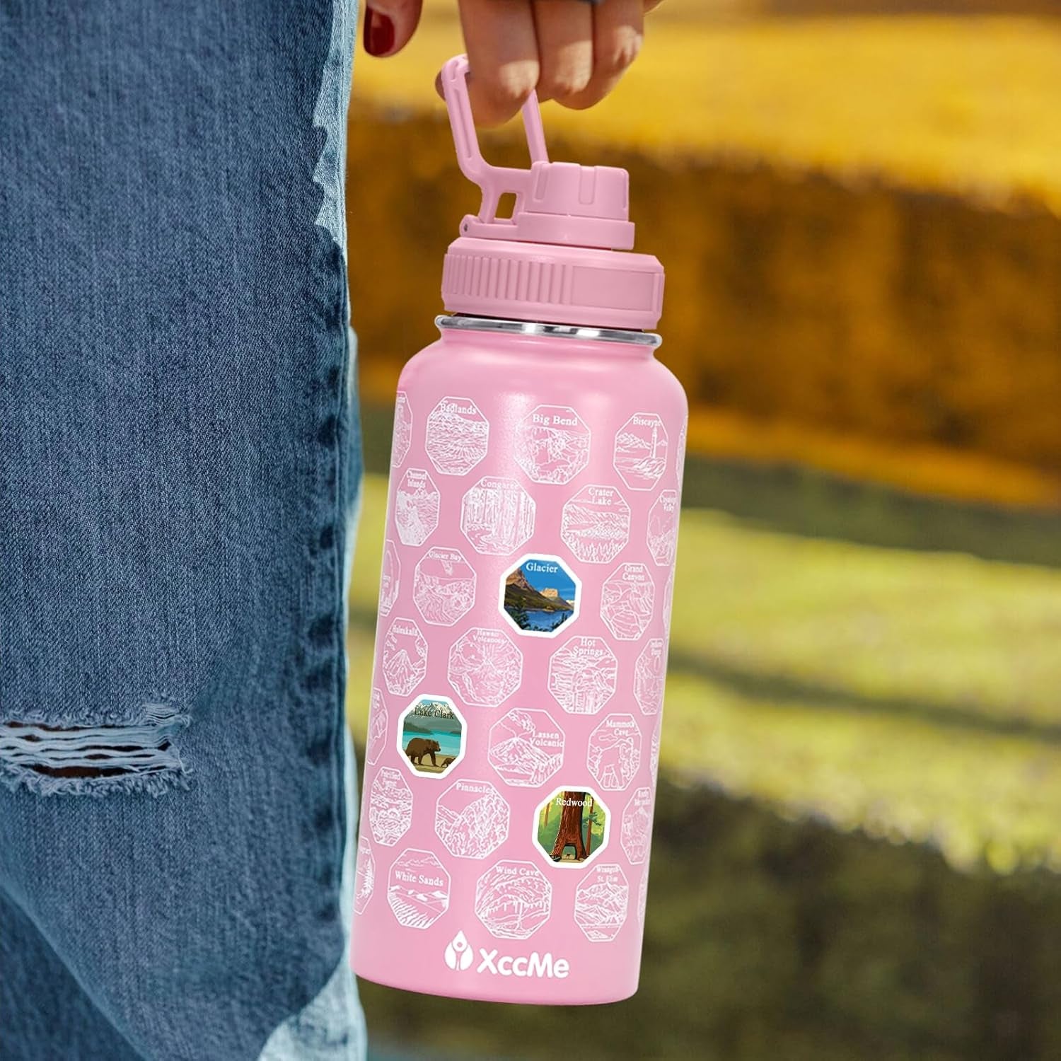 63 National Parks Water Bottle with Stickers,32 Oz Stainless Steel Insulated Water Bottle with Straw,2 Lids,Leak Proof Metal Water Bottle for Hiking,Travel,Sports,Camping,Wide Mouth Bottle