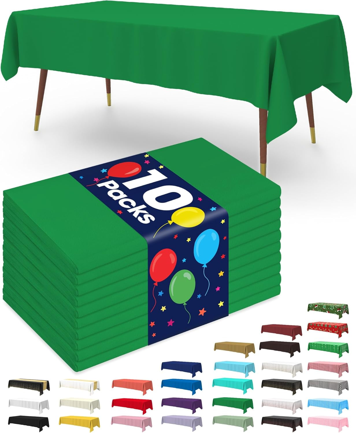 Plastic Table Cloth Disposable 10 Pack, 52 X 70 Inch Table Cloths, St Patricks Day, Christmas Decorations, Tablecloths, Rectangle, Forest, Plastic Cover, Waterproof & Sturdy, Green
