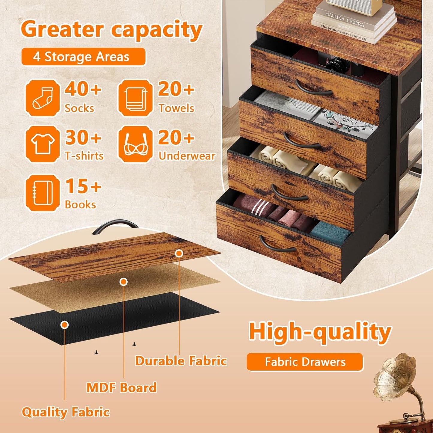 38-Inch Tall Nightstand with Charging Station, 4 Fabric Drawers, LED Lights, and Storage Shelf - Rustic Brown Metal Frame and Wood Shelves for Bedroom or Office