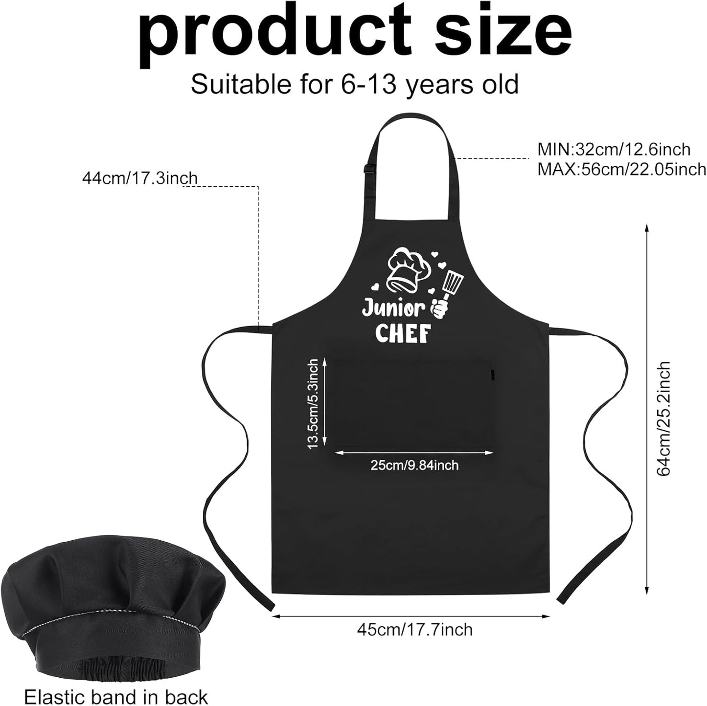Kids Apron and Chef Hat Set, Funny Apron (Junior CHEF) Adjustable Child Apron with 2 Pockets Waterproof Chef in Training Gifts for Boys and Girls 64 X 45 Cm