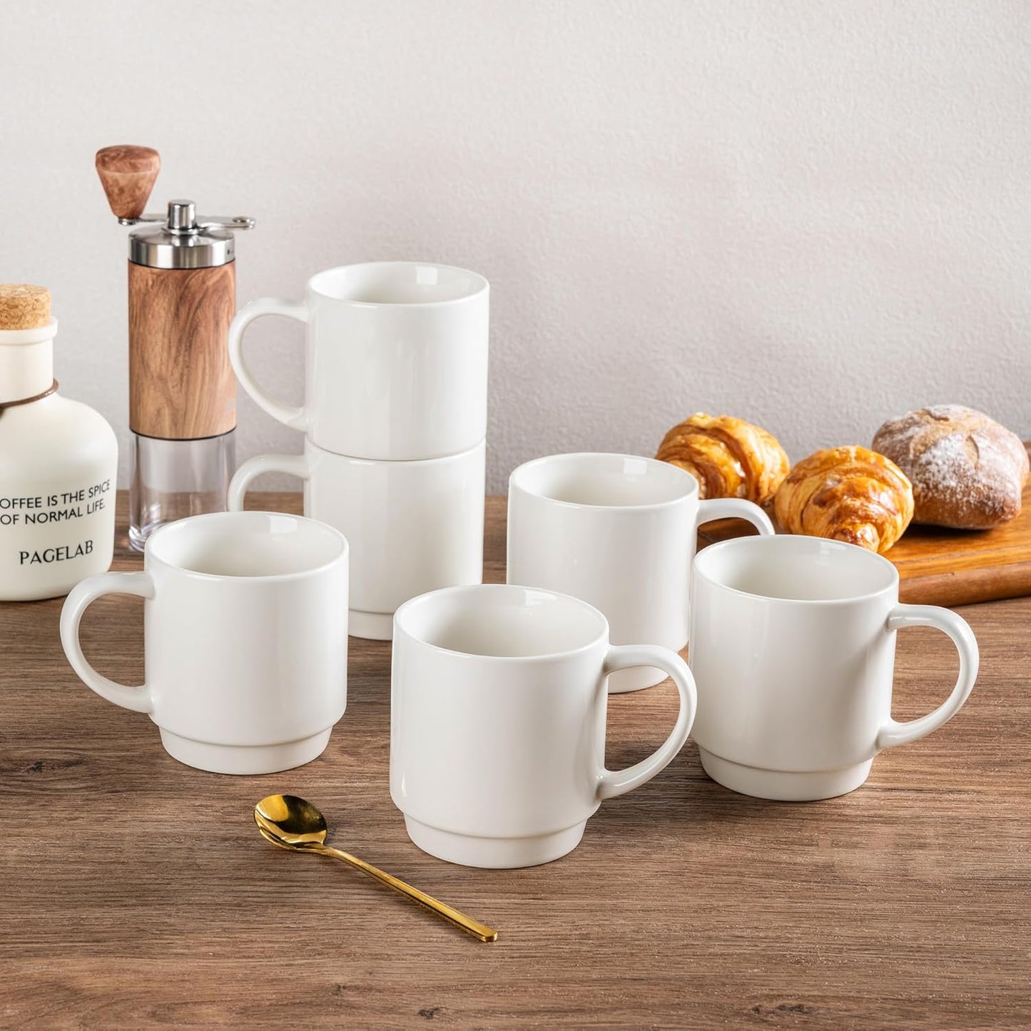 Stackable Ceramic Coffee Mugs Set of 12, 11oz Porcelain Mugs for Latte, Cappuccino, and Cocoa - Dishwasher and Microwave Safe, Off White