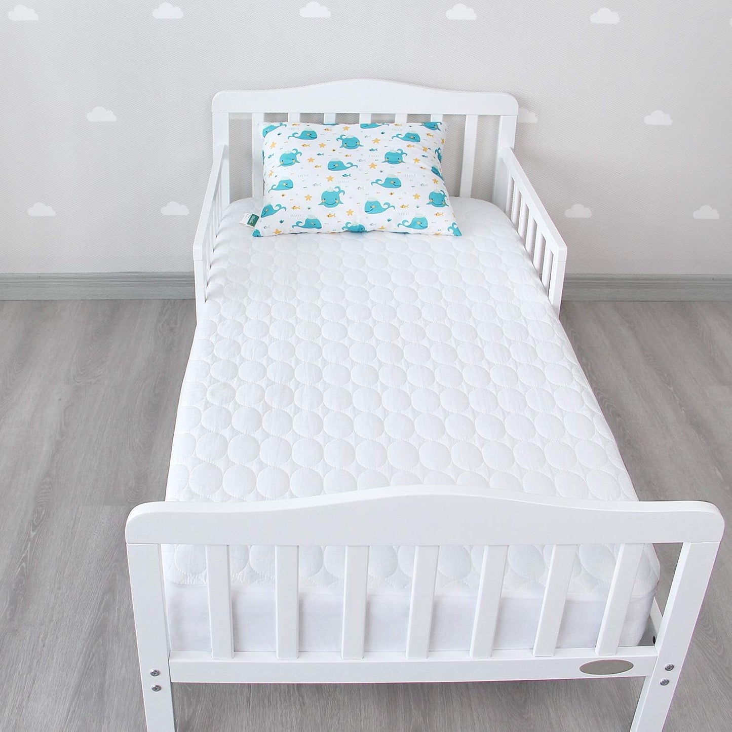 2 Pack Fitted Crib Sheets & 2 Pack Waterproof Crib Mattress Protectors, Baby Bedding Set Grey and White, Ultra Soft Breathable Sheets, Quiet Mattress Pad Covers, Fits 52" X 28"