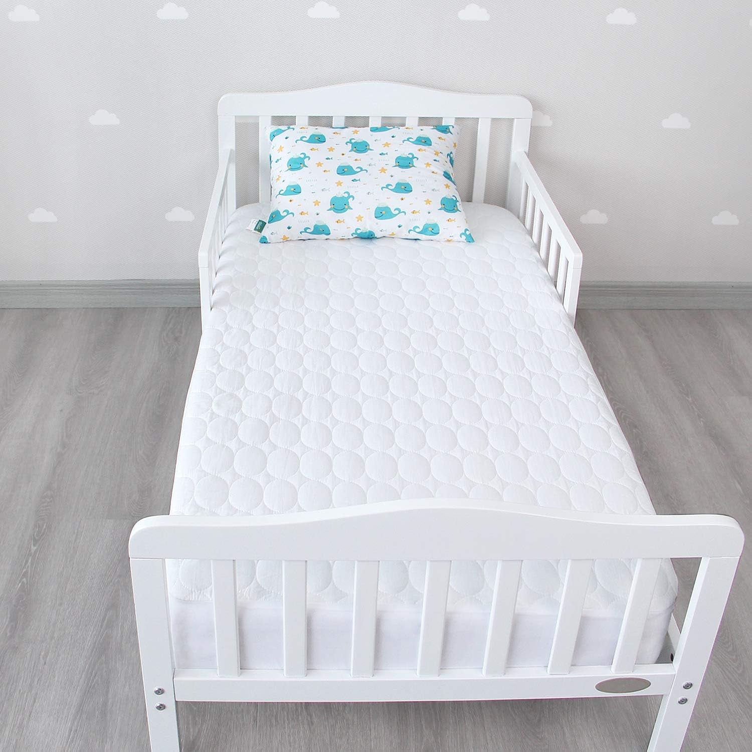 2 Pack Fitted Crib Sheets & 2 Pack Waterproof Crib Mattress Protectors, Baby Bedding Set Grey and White, Ultra Soft Breathable Sheets, Quiet Mattress Pad Covers, Fits 52" X 28"
