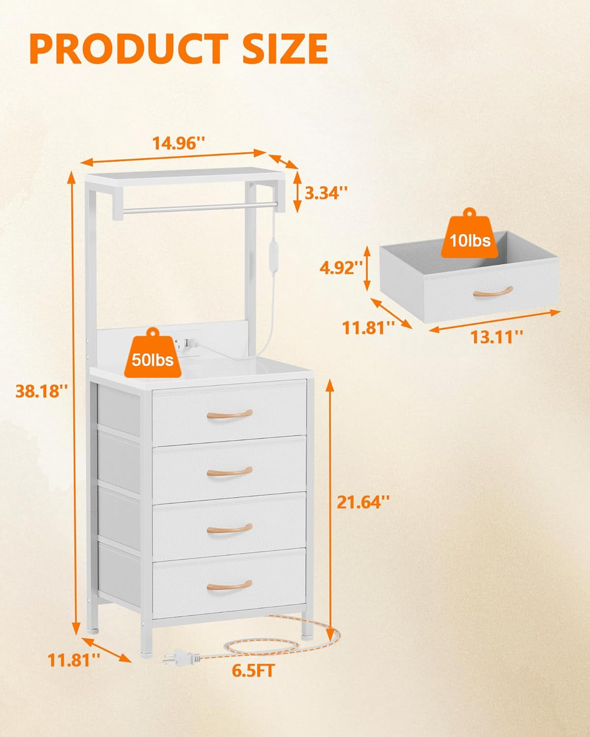 White Tall Nightstand with Charging Station and LED Lighting, Multifunctional Bedside Table with 4 Fabric Drawers, Metal Frame and Wood Shelves for Bedroom, Office, and Hallway