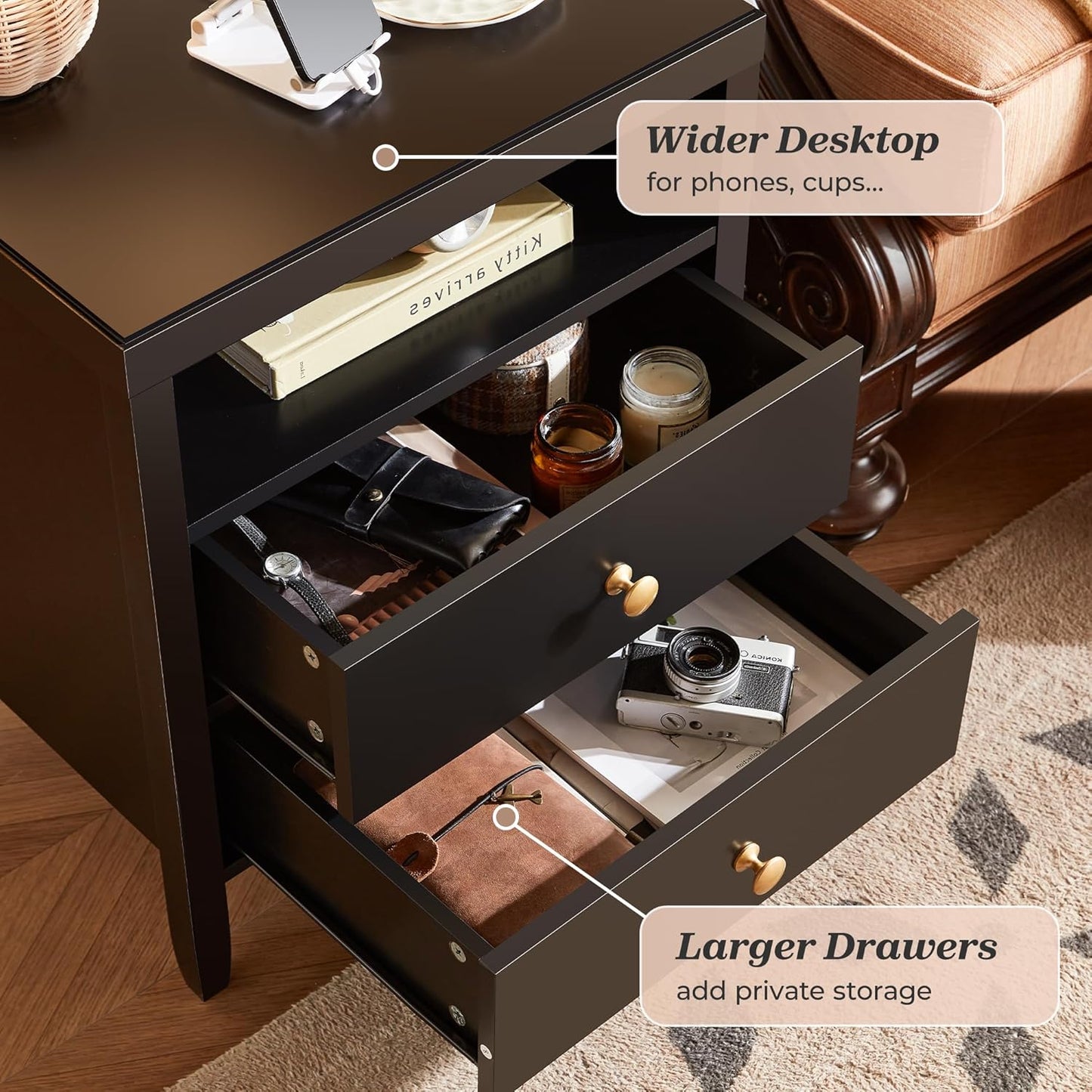 Modern Black Nightstand with Charging Station and Two Drawers, Stylish Bedside Table with Storage Solutions and Metal Knobs