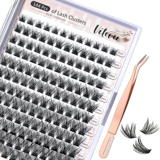 Cluster Lashes with Eyelash Applicator, Individual Lashes Natural Look, 40D DIY Eyelash Extensions with Soft Band, 144Pcs D Curl Long Eyelash Clusters(30D 40D, 8-16MIX)