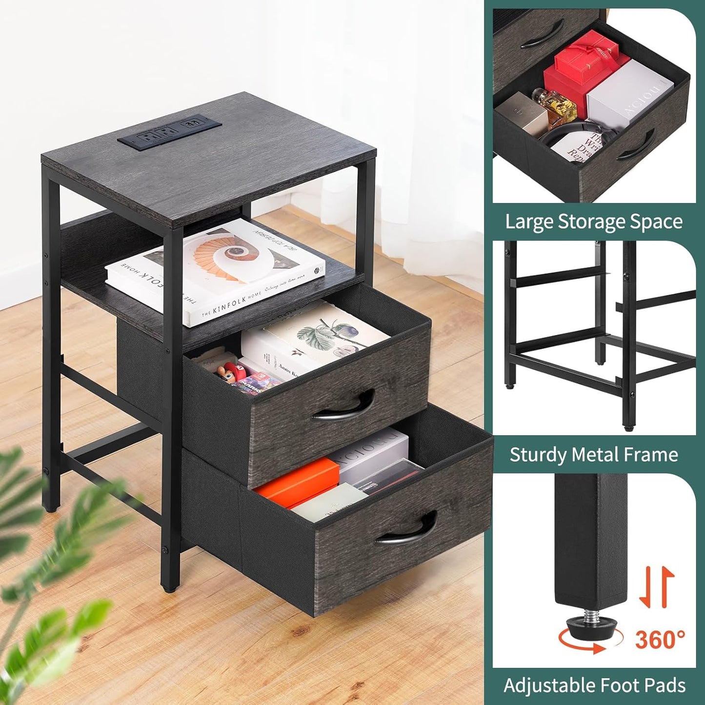 Nightstand with Charging Station, LED Night Stand with Fabric Drawers and Storage Shelf for Bedroom, Nightstands Bedside Tables with USB Ports & Outlets, Small Night Stands, Bed Side Table