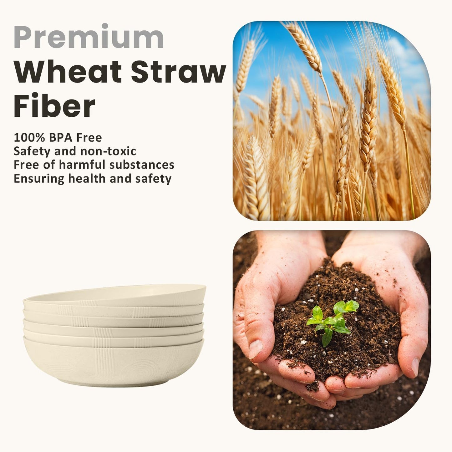 Large 65 Oz Wheat Straw Salad Bowls - Set of 6, 10 Inch Wide and Shallow Serving Bowls, Dishwasher Safe, Beige