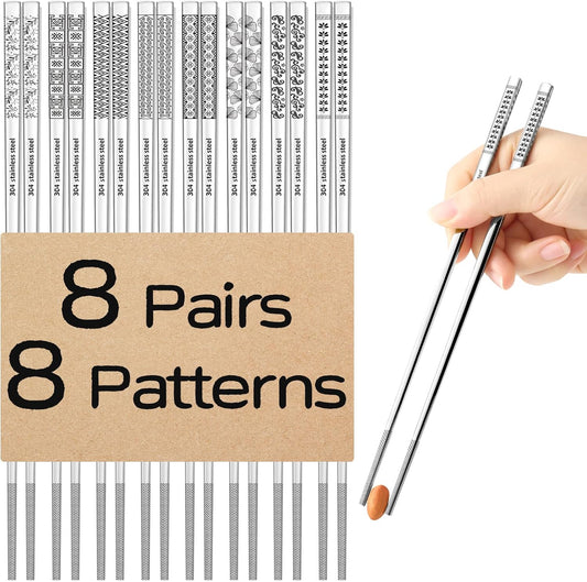 8 Pairs Metal Chopsticks Reusable 18/8 Stainless Steel Chopsticks Set Cute Laser Engraved Non-Slip Japanese Korean Chinese Chopstick for Cooking Eating Dishwasher Safe 9.25" Chop Sticks Gift Set