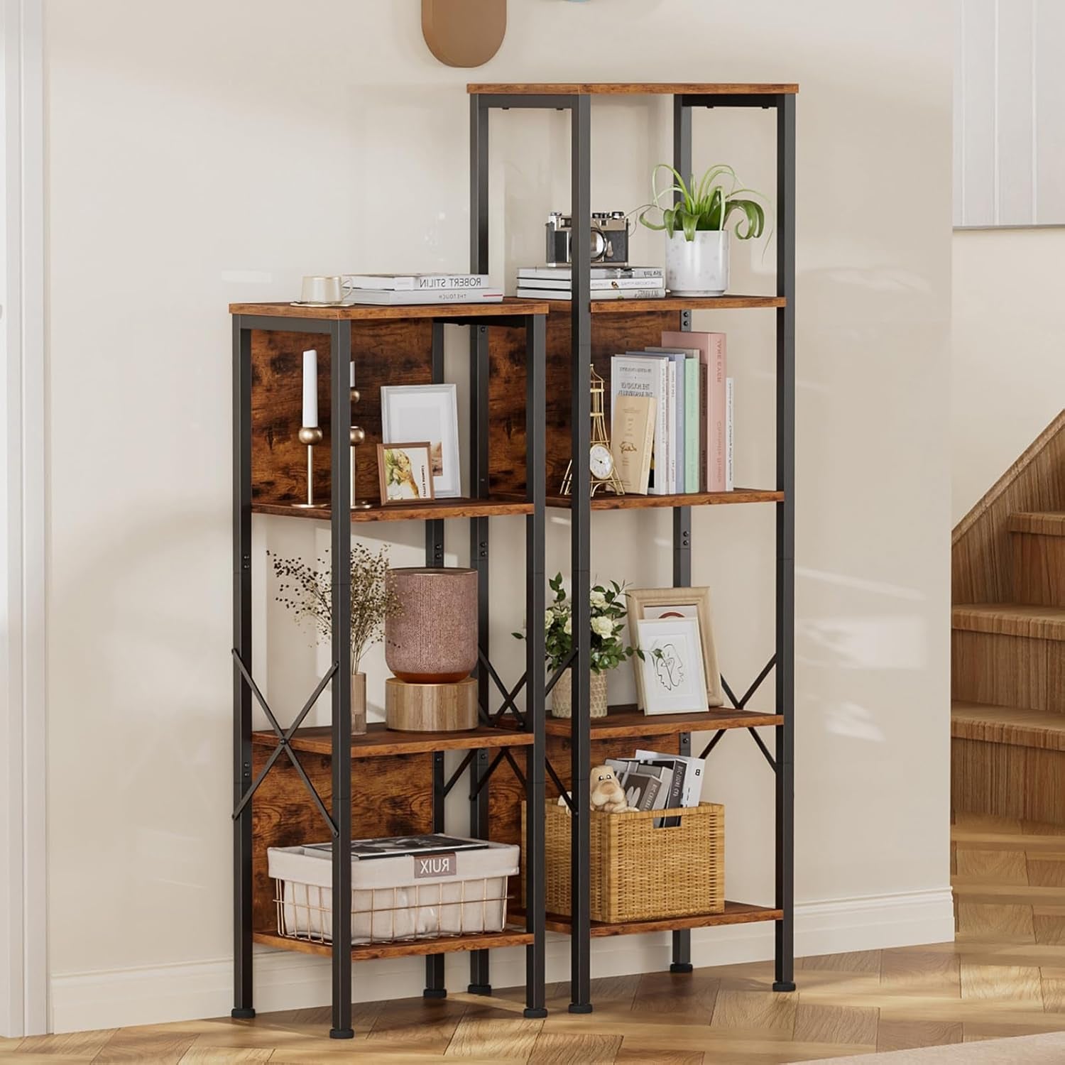 5 Tier Tall Bookshelf with Back, Display Narrow Bookcase, Industrial Storage Corner Shelves Organizer for Bedroom, Living Room, Entryway, Kitchen, Rusitc Brown