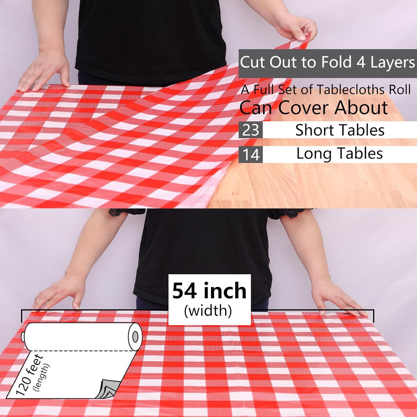 Red Gingham Plastic Tablecloth Roll 54 Inch X 120Ft Red Checkered Disposable Plastic Table Cover Rolls with Easy Slide Self Cutter Box- Cut to Any Size Disposable Tablecloth for Picnic Party