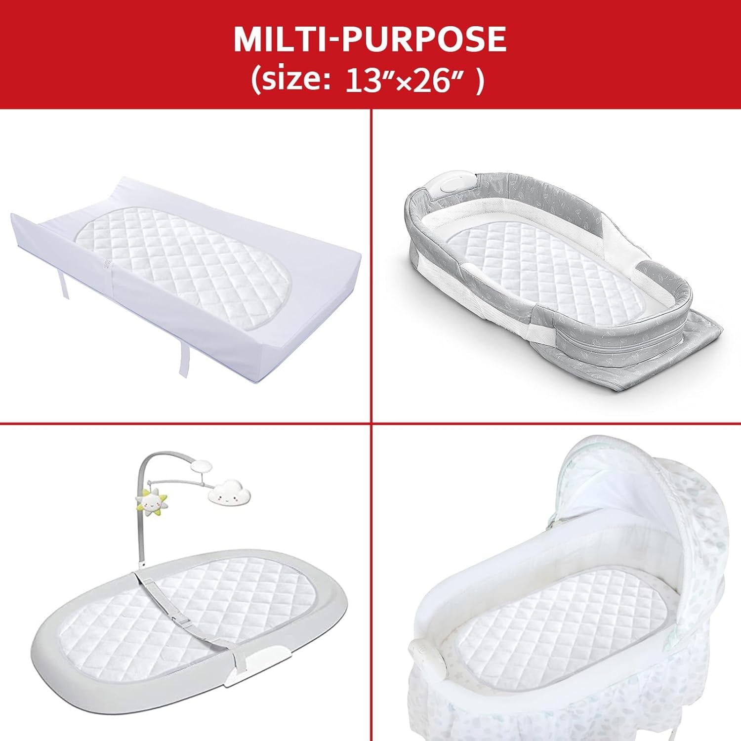 Diaper Changing Pad Liner Non-Slip, Waterproof Terry Mat Changing Pad Cover Liner, Quilted Absorbent Bassinet Liners Washable, 3 Pack 13"X 26" Reusable Portable Changing Table Pad White