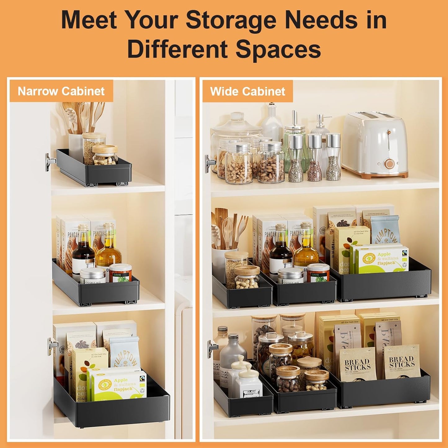 3 Pack Pull Out Cabinet Organizer, 15.7" Deep Pull Out Drawers for Cabinets, Slide Out Drawers for Kitchen Cabinets, Bathroom Cabinet Organizer, Pantry (Black)