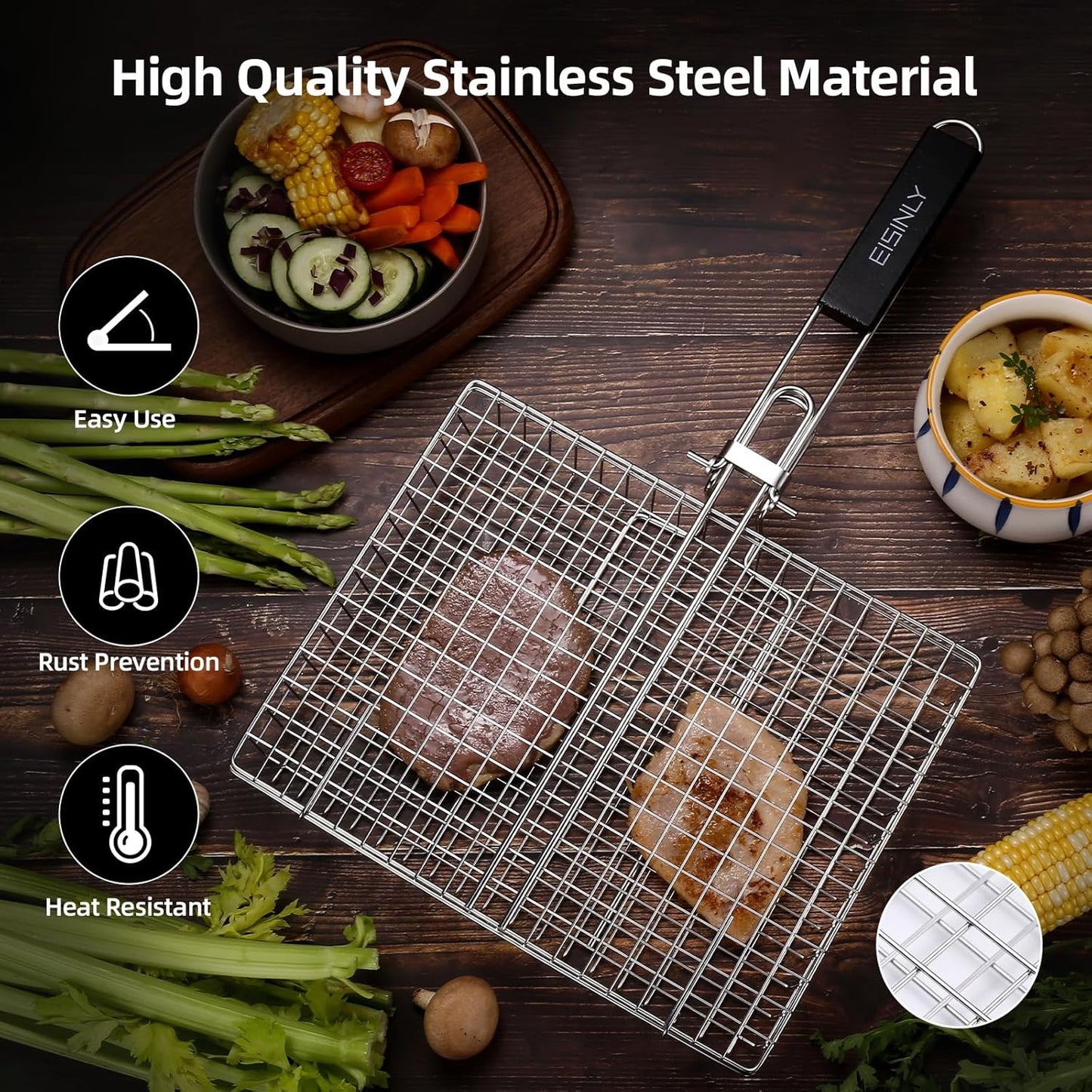Portable Grill Basket, BBQ Grilling Basket for Outdoor Grill with Removable Handle, Stainless Steel Camping Cooking Grill Accessories for Chicken Fish Vegetable