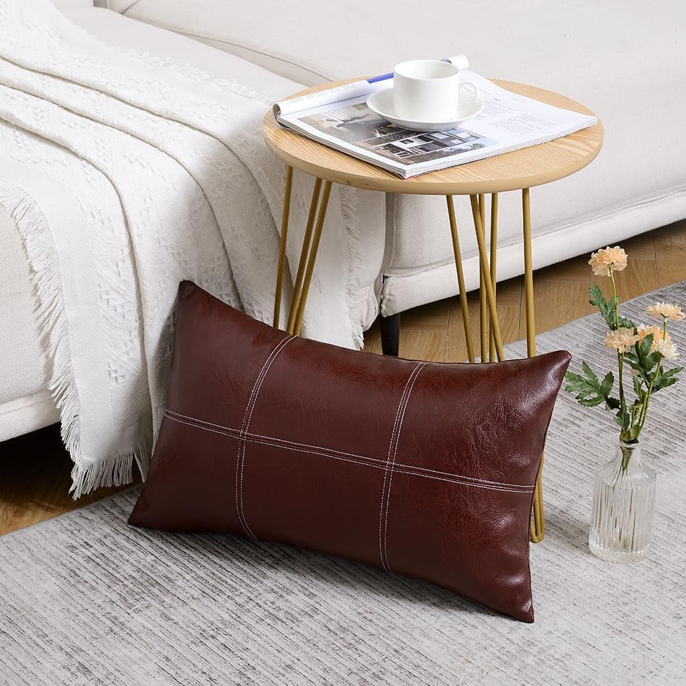 2 Packs Burgundy Boho Lumbar Plaid Faux Leather Decorative Throw Pillow Covers 12X20 Inch for Couch Bed Sofa, Hand Stitched Rectangle Cushion Case, Rustic Modern Farmhouse Home Décor