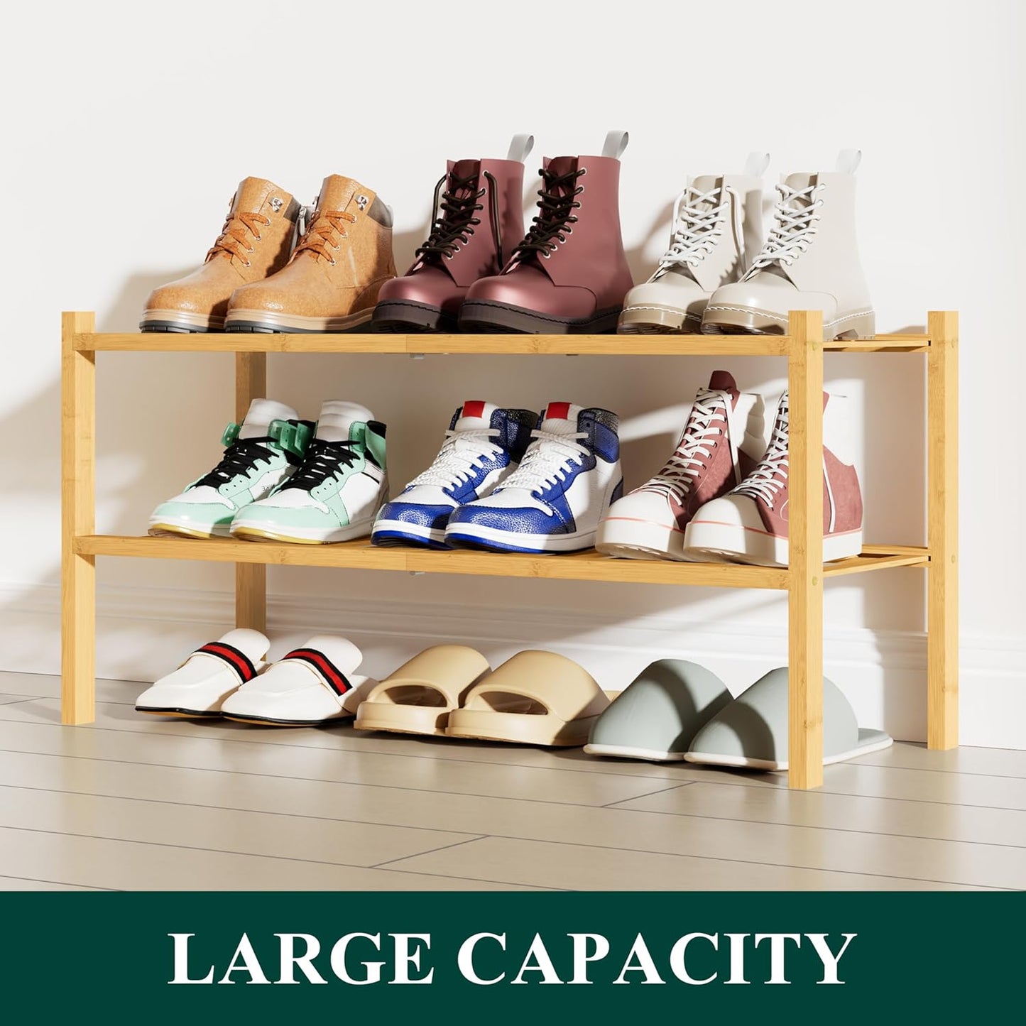 Shoe Rack, 2 Tier Bamboo Shoe Organizer, Stackable Free Standing Wooden Shoe Storage Shelf for Closet, Entryway, Front Door Entrance, Natural