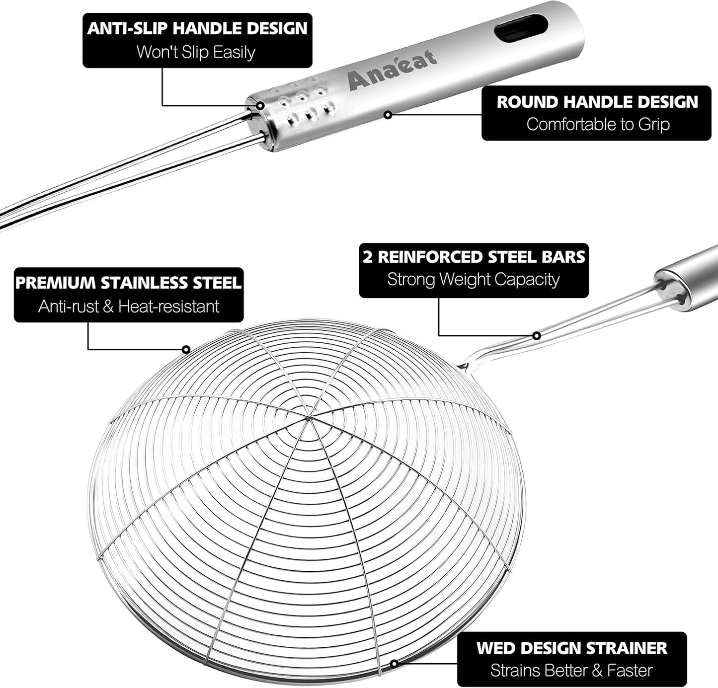 Stainless Steel Spider Skimmer, Set of 3 Professional Kitchen Pasta Strainer Spoon with Long Handle - Asian Strainer Ladle Wire Skimmer Spoons for Cooking and Frying (4.5"+5.3"+6.1")