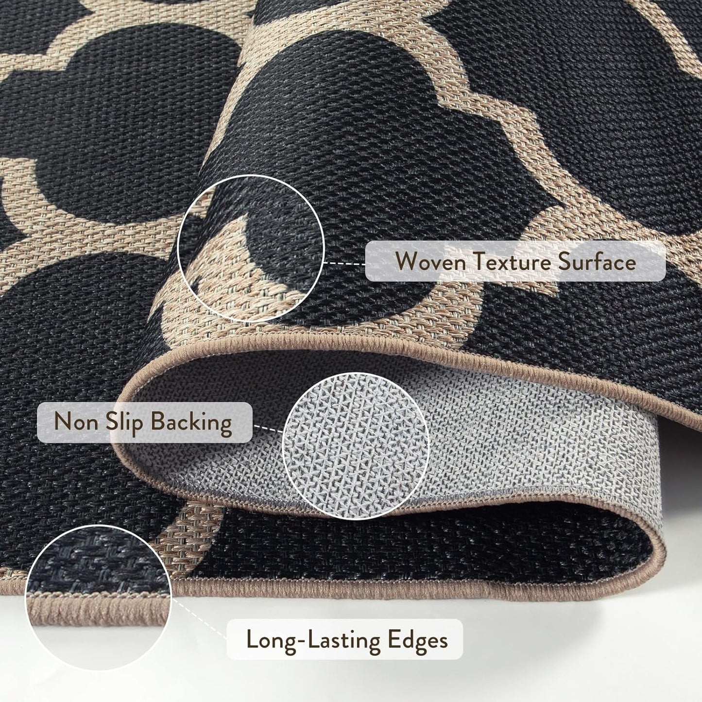 Moroccan Easy Jute Outdoor Entryway Rug, 3X5 Black Washable Front Porch Rugs for Balcony Bedroom, Farmhouse Trellis Neutral Thin Non Slip Small Carpet for Indoor Living Room Backyard Entrance