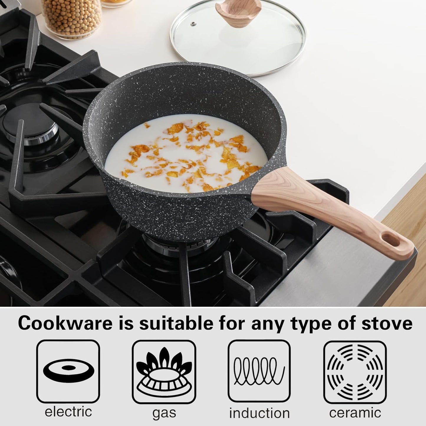 Sauce Pan Set with Lid, 1.5QT & 2.5QT Non Stick Small Pots with Granite Coating, Saucepan with Pour Spout, Multipurpose Induction Cooking Pans, PFOA/PFOS Free