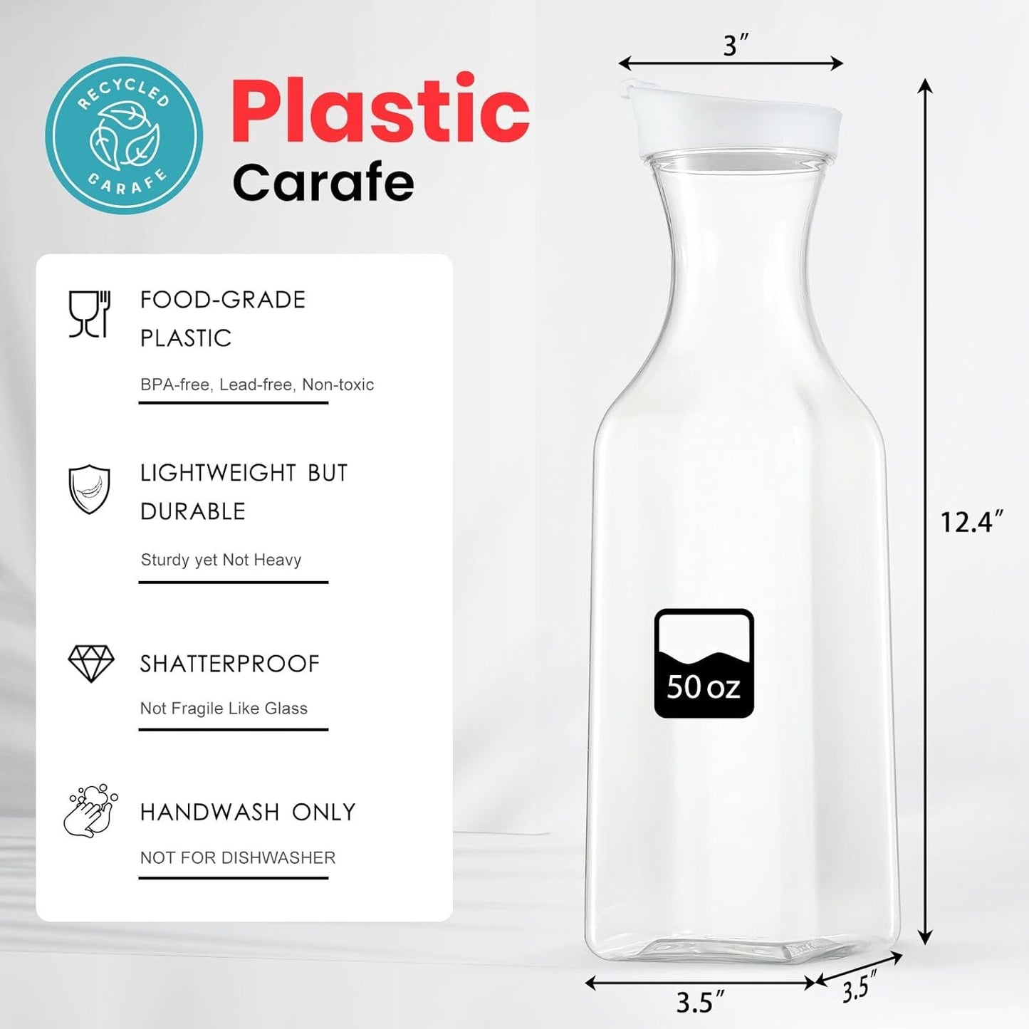 Plastic 4 Pack Large 50 Oz Water Carafe with Flip Top Lid, Square Base Juice Containers, Clear Plastic Pitcher - for Water, Iced Tea, Juice, Lemonade, Milk, Cold Brew and Mimosa Bar - HAND WASH ONLY