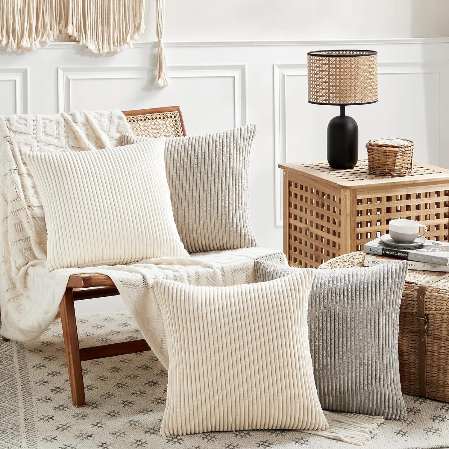 Set of 4 Neutral Grey Decorative Throw Pillow Covers 18X18 Inch for Couch Bed Sofa Bedroom, Modern Organic Boho Farmhouse Home Decor, Soft Fluffy Textured Corduroy Cushion Case 45X45 Cm