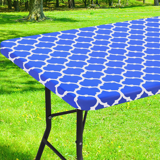 Waterproof Elastic Fitted Rectangle Picnic Table Cover for 6-Foot Tables, Wipeable Flannel-Backed Vinyl Protector for Indoor and Outdoor Use (Blue, 30x72 Inches)