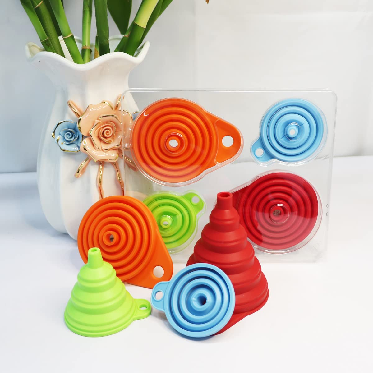 4-Pack Foldable Silicone Kitchen Funnel Set for Liquid Transfer - Food Grade Small and Large Accessories