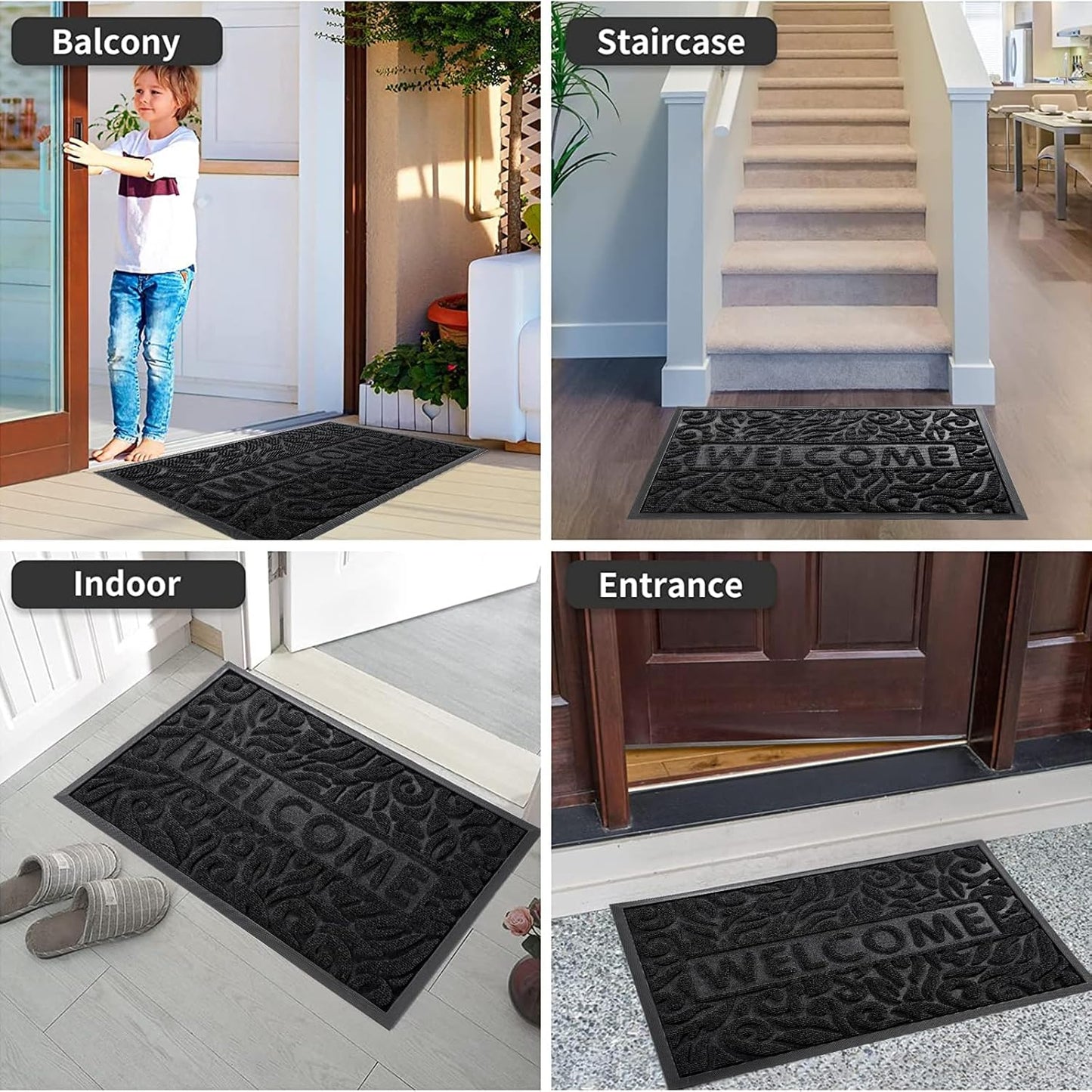 Welcome Mat Outdoor, 29.5X17 Waterproof Door Mat outside Entrance, All-Weather Non Slip Front Door Mat, Low-Profile Entryway Mat Indoor, Porch and Patio, Black