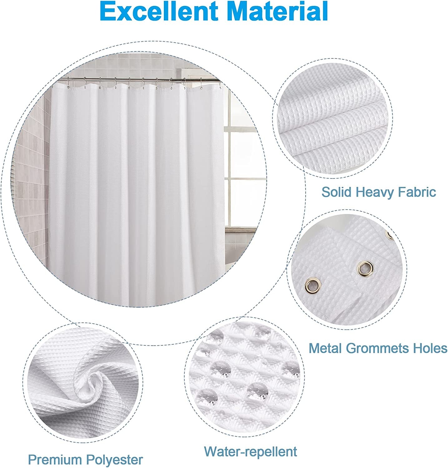 White Shower Curtain Fabric, Waffle Shower Curtains for Bathroom, Cloth Shower Curtain Heavy Duty, Thick Bathroom Shower Curtains Hotel Quality, Premium Polyester, 72X72 Inches