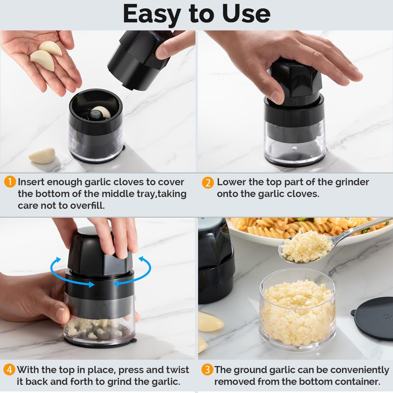 Garlic Crusher Press, Easy Twist Garlic Mincer Grinder for Fast Crushing & Chopping, Bpa-Free, Dishwasher Safe, Versatile Kitchen Tool Also for Ginger, Herbs, Nuts, and More, Black