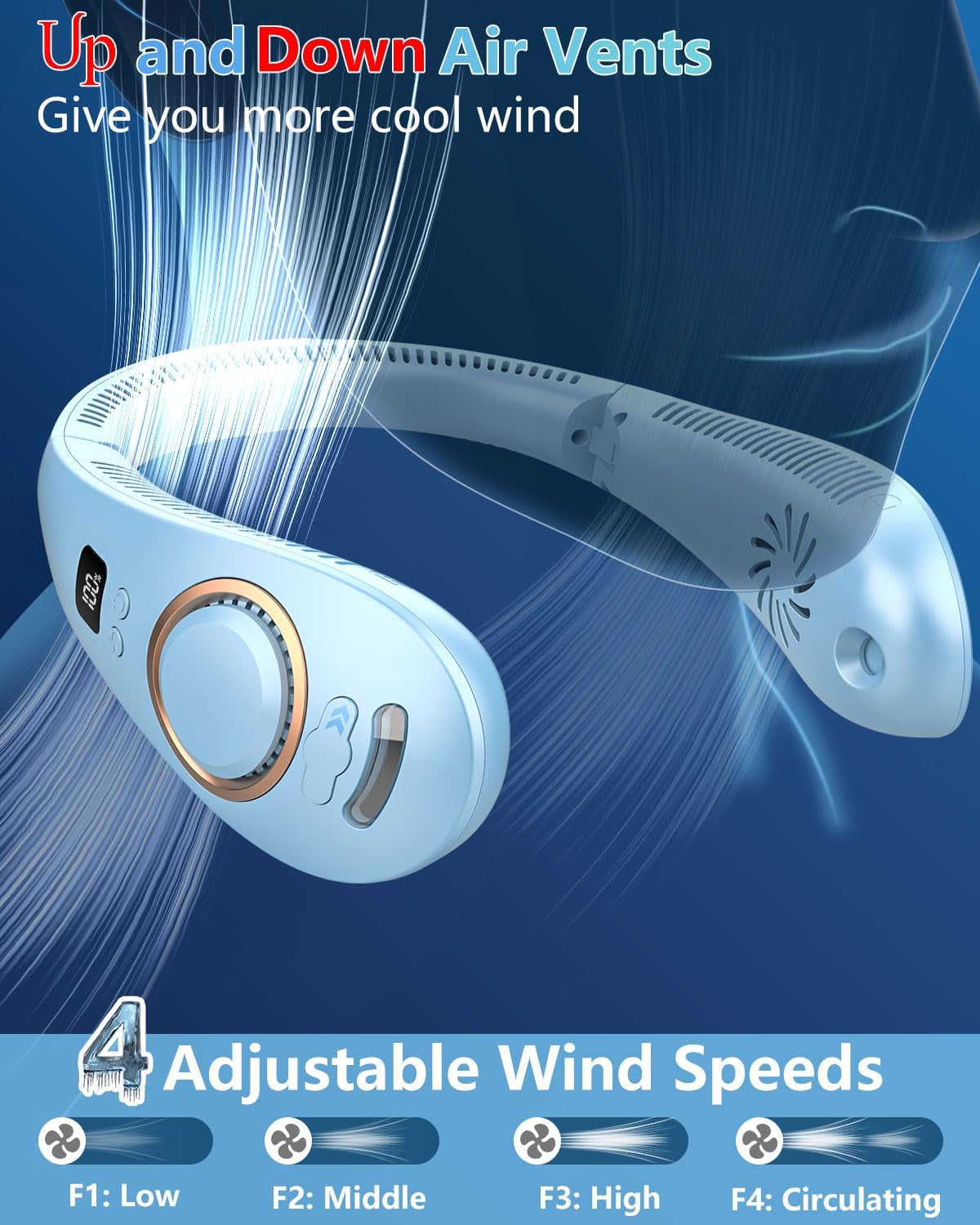 Fan with Water Spray Misting Fan,Neck Fan Rechargeable with LED Display Adjustable Speeds,Foldaway Powerful Soundless Compact Neck Hanging Fans with Water Mist for Travelling outside Blue