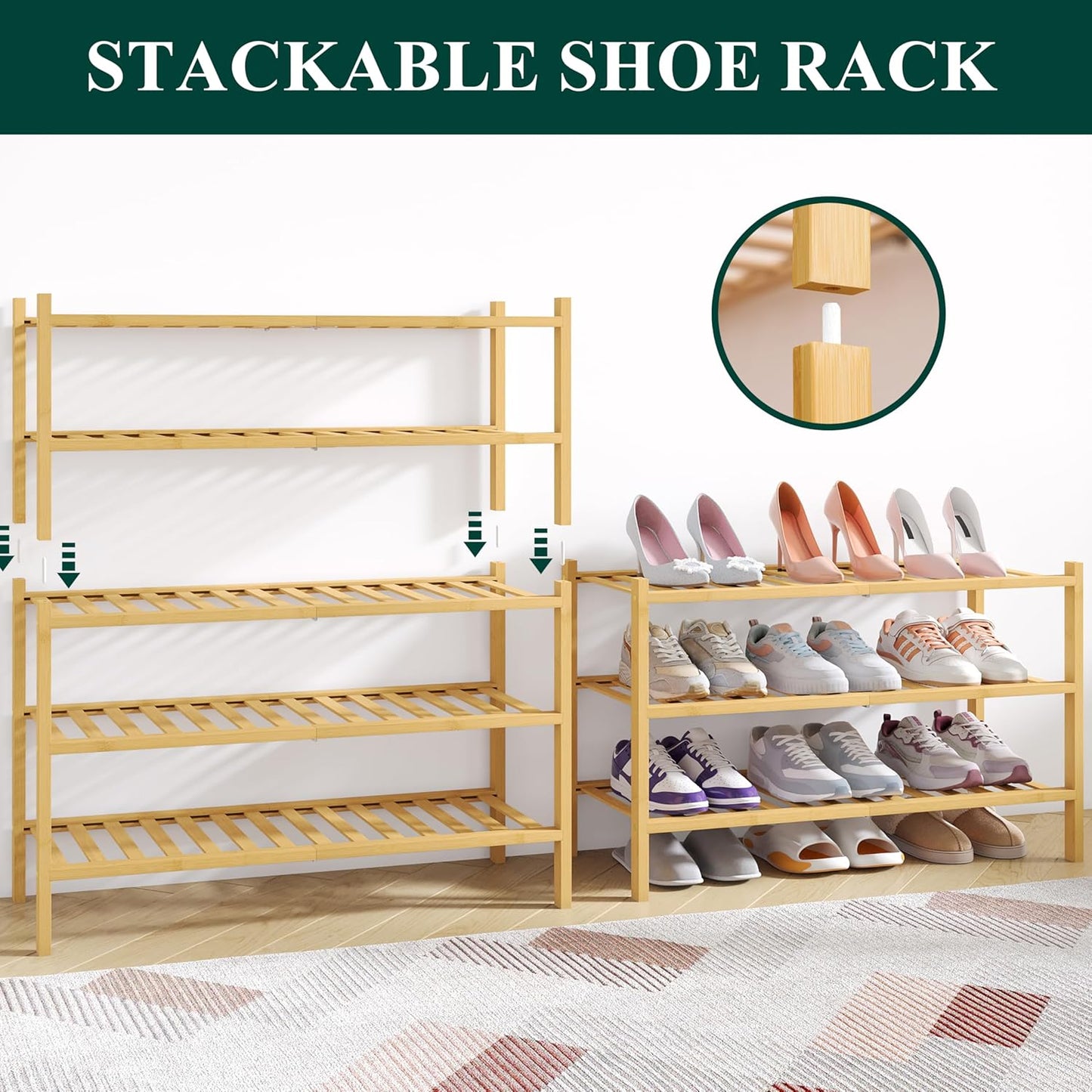 Bamboo 3-Tier Shoe Rack - Stackable Wooden Organizer for Entryway and Closet Storage, Natural Finish