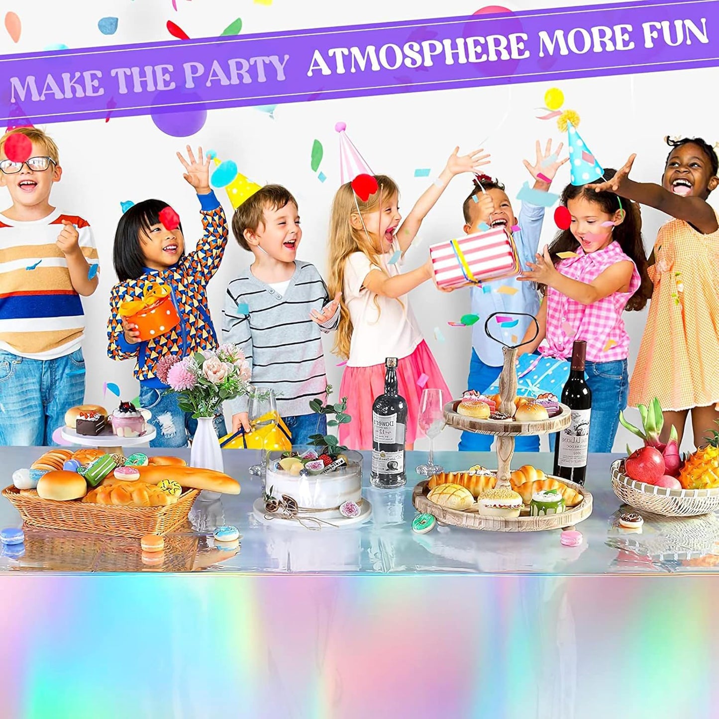 Pastel Foil Fringe Curtains 2 Packs and Iridescent Party Table Cloths 2 Packs for Party Backdrop Decorations