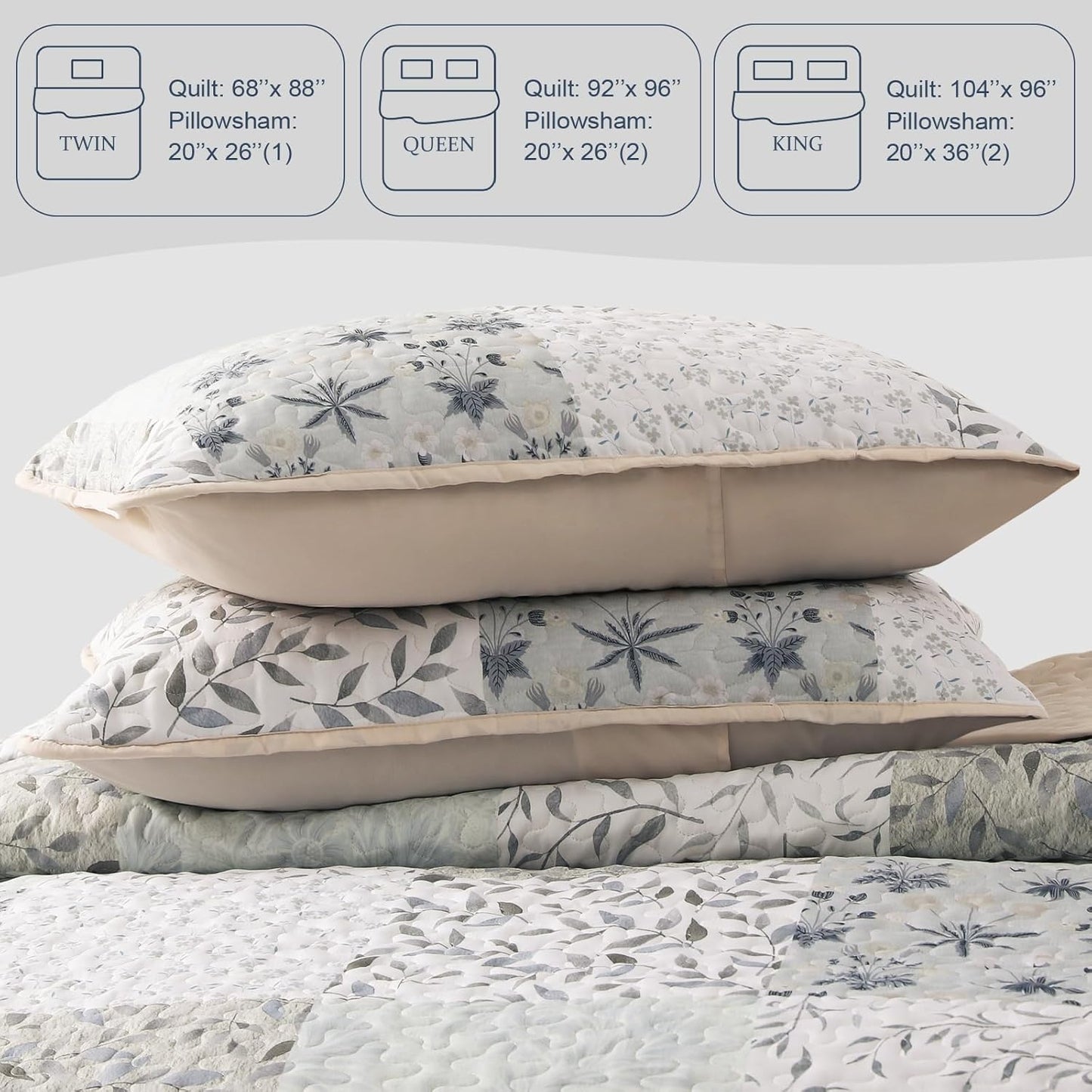 Queen Size Reversible Boho Quilt Set, 3-Piece Patchwork Gray All-Season Bedspread, Ultra-Soft Floral Coverlet with Printed Pattern (Includes 1 Quilt and 2 Pillow Shams)