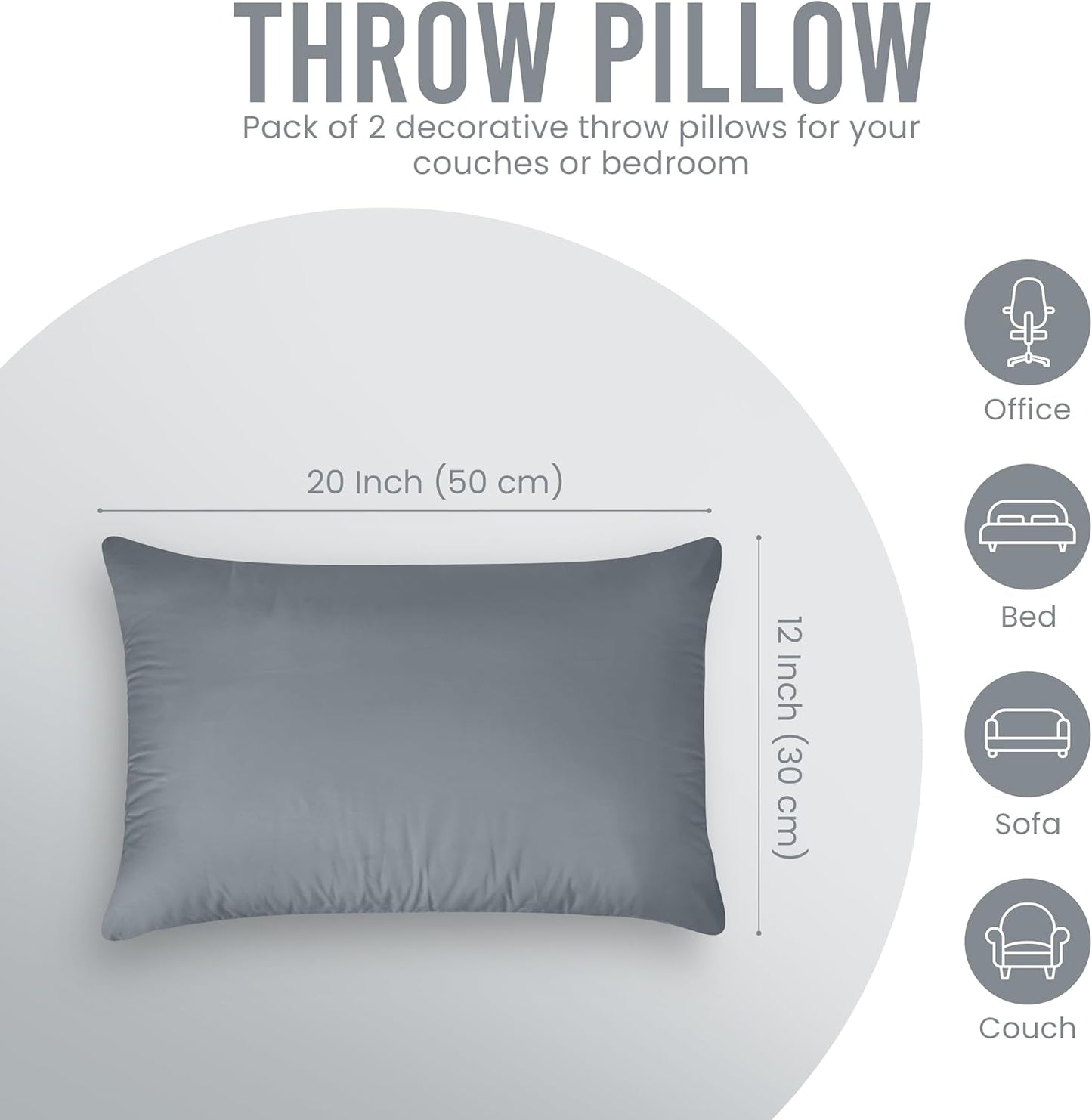 Throw Pillows (Pack of 2, Grey), 12 X 20 Inches Indoor Decorative Pillow Insert for Sofa, Bed and Couch