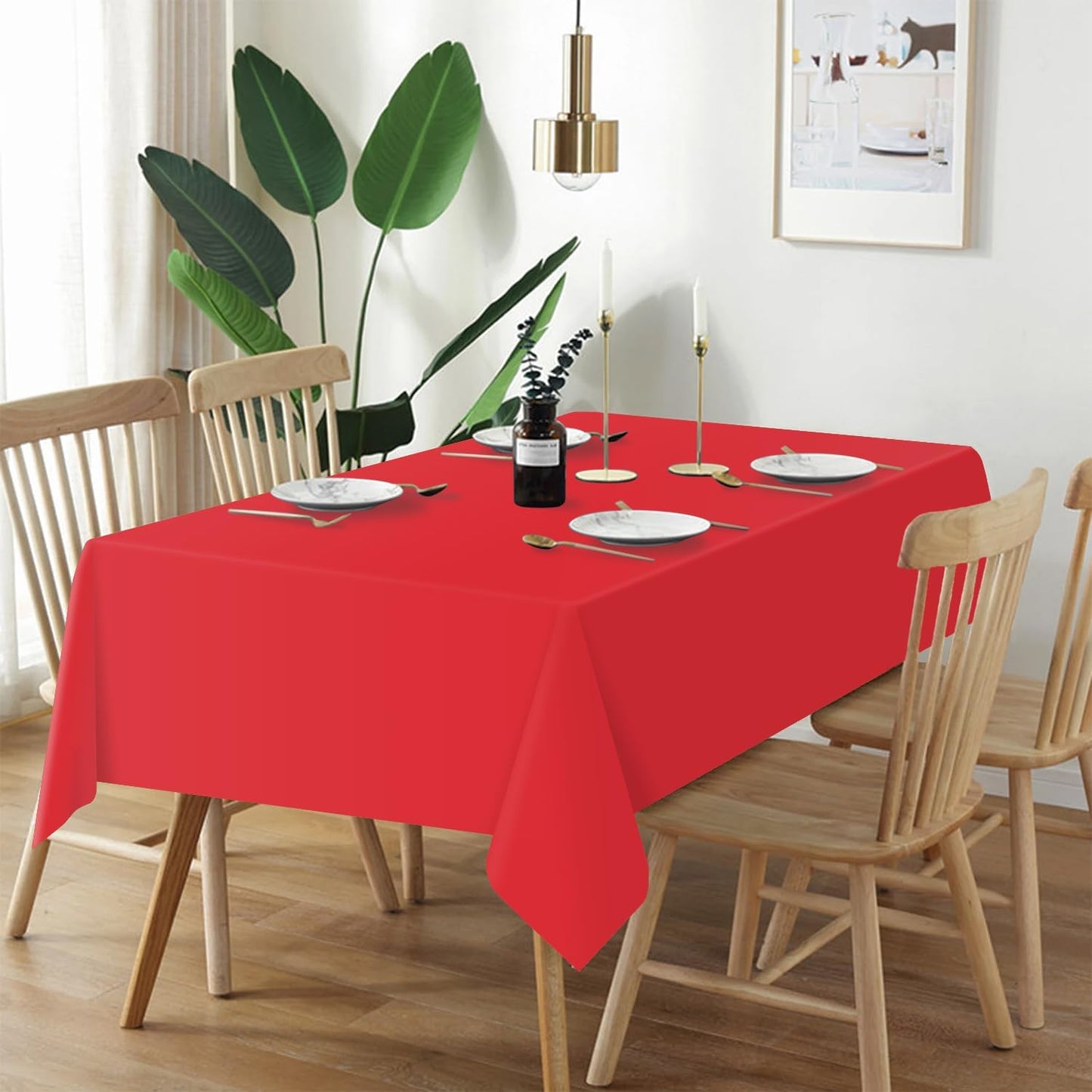 Plastic Table Cloth Disposable 2 Pack, 54 X 108 Inch Tablecloths for Rectangle Tables, Red Plastic Table Cover