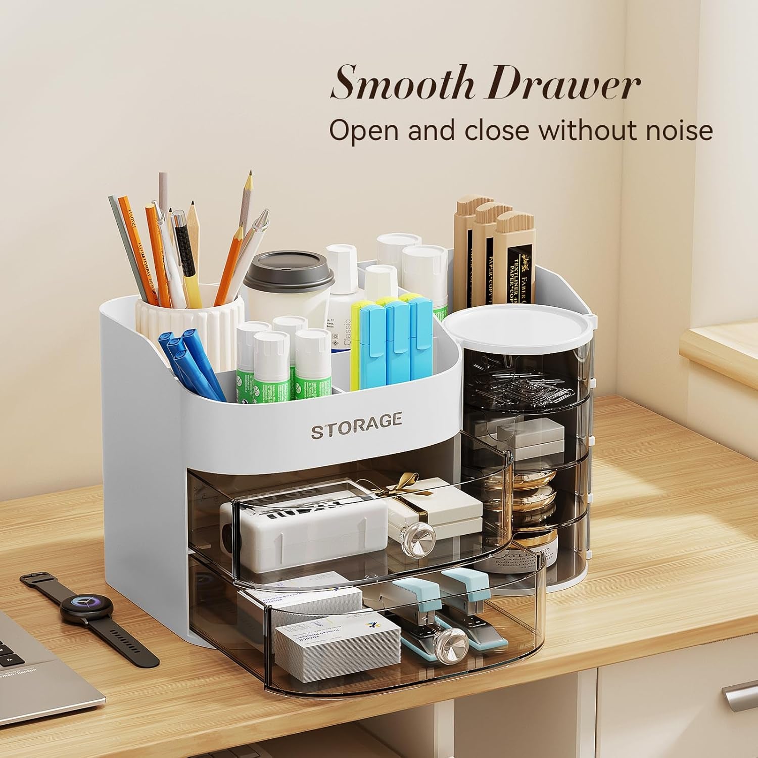 Makeup Organizer with Drawers, Cosmetic Storage for Dresser Bathroom Countertop, Include 4-Tier Rotating Jewelry Box for Brushes, Skincare, Perfume, Office, Earring, Jewelry Organizer, White
