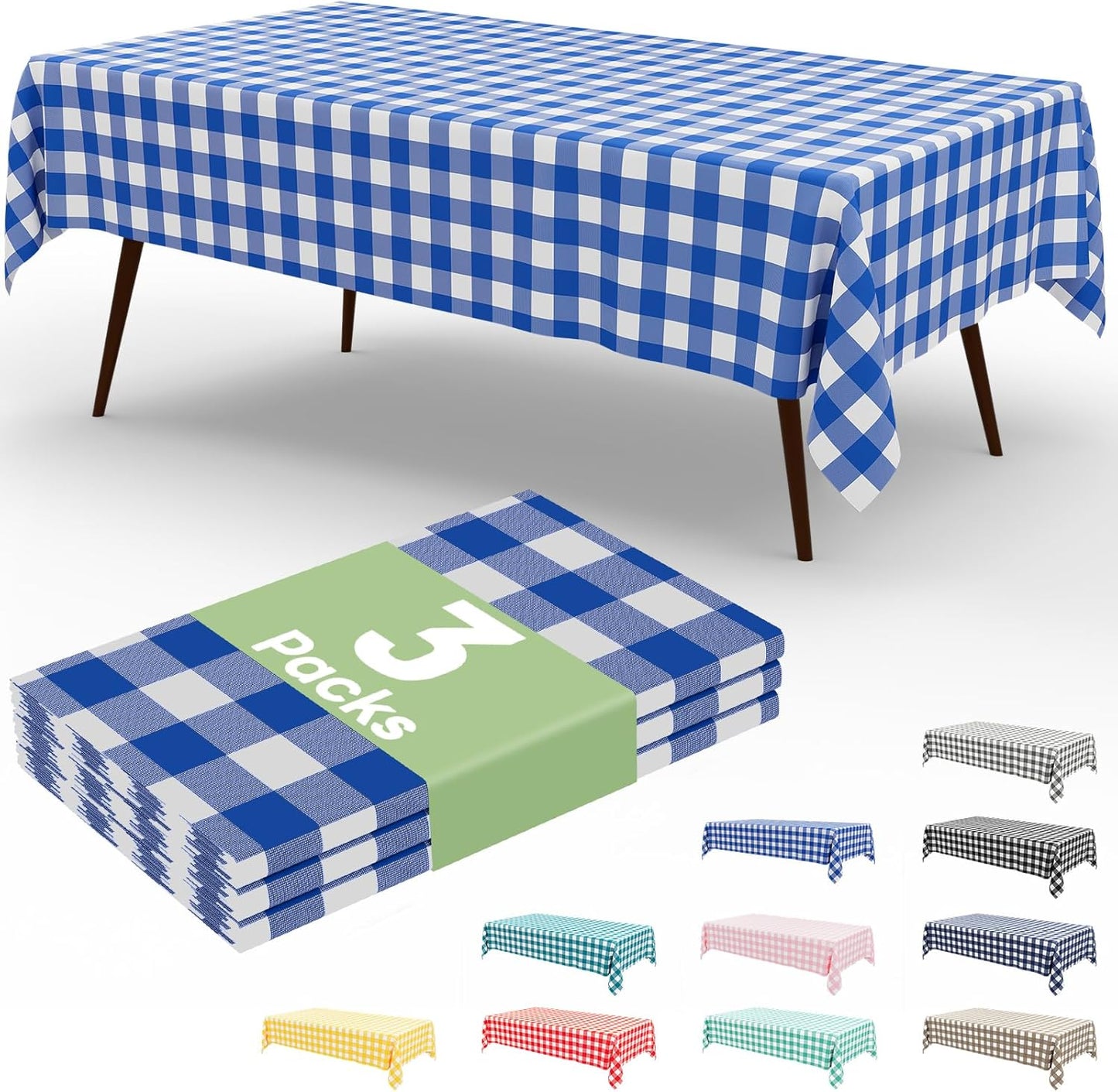 3 Packs Buffalo Disposable Table Cloth, 54 X 108 Inch Waterproof Plastic Tablecloth, Rectangle White and Blue Checkered Table Covers for Picnic, Birthday, Party