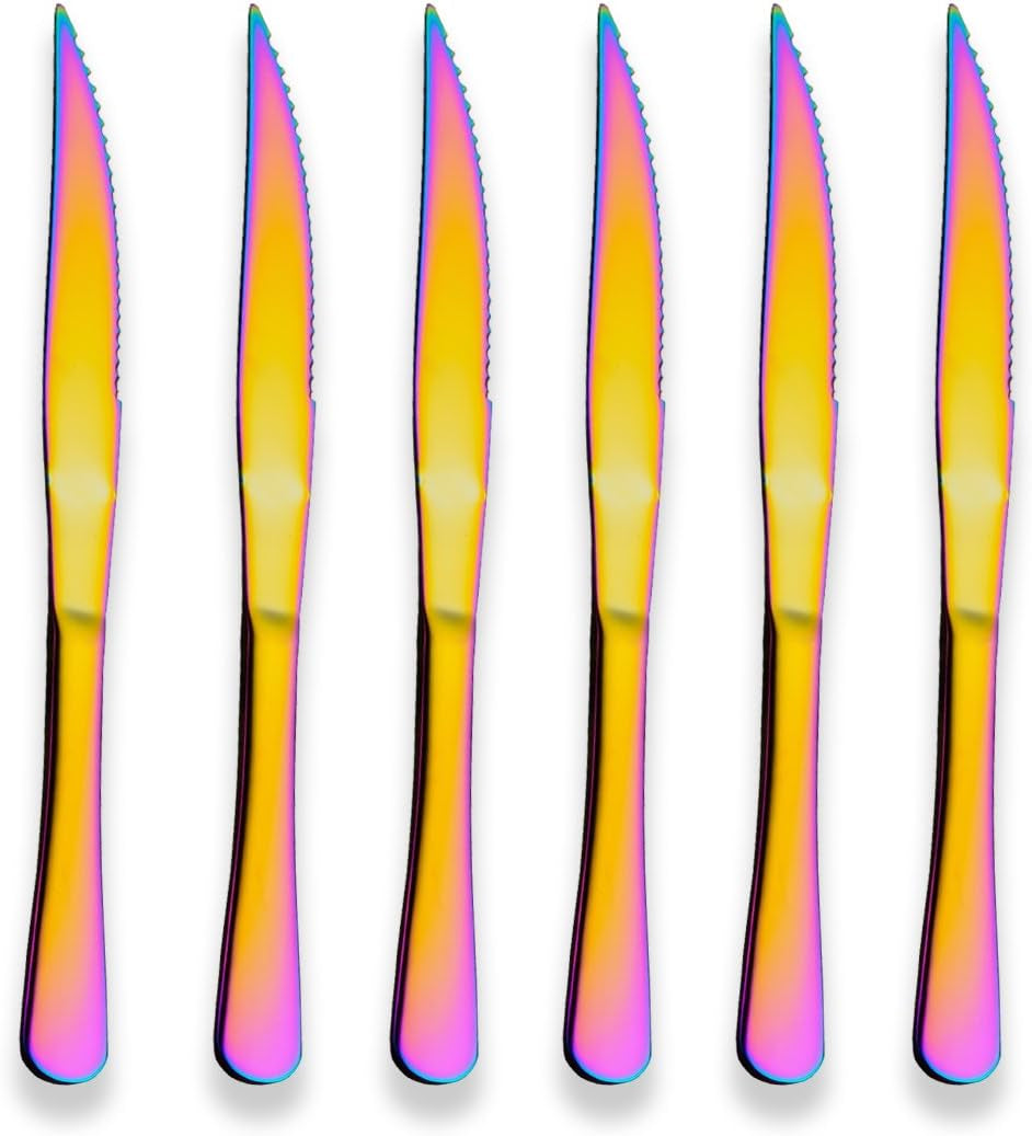 Multicolor Titanium-Plated Stainless Steel Steak Knives - Heavy-Duty Set for Chefs, Ideal for BBQs, Weddings, Dinners, and Home Use - Pack of 6
