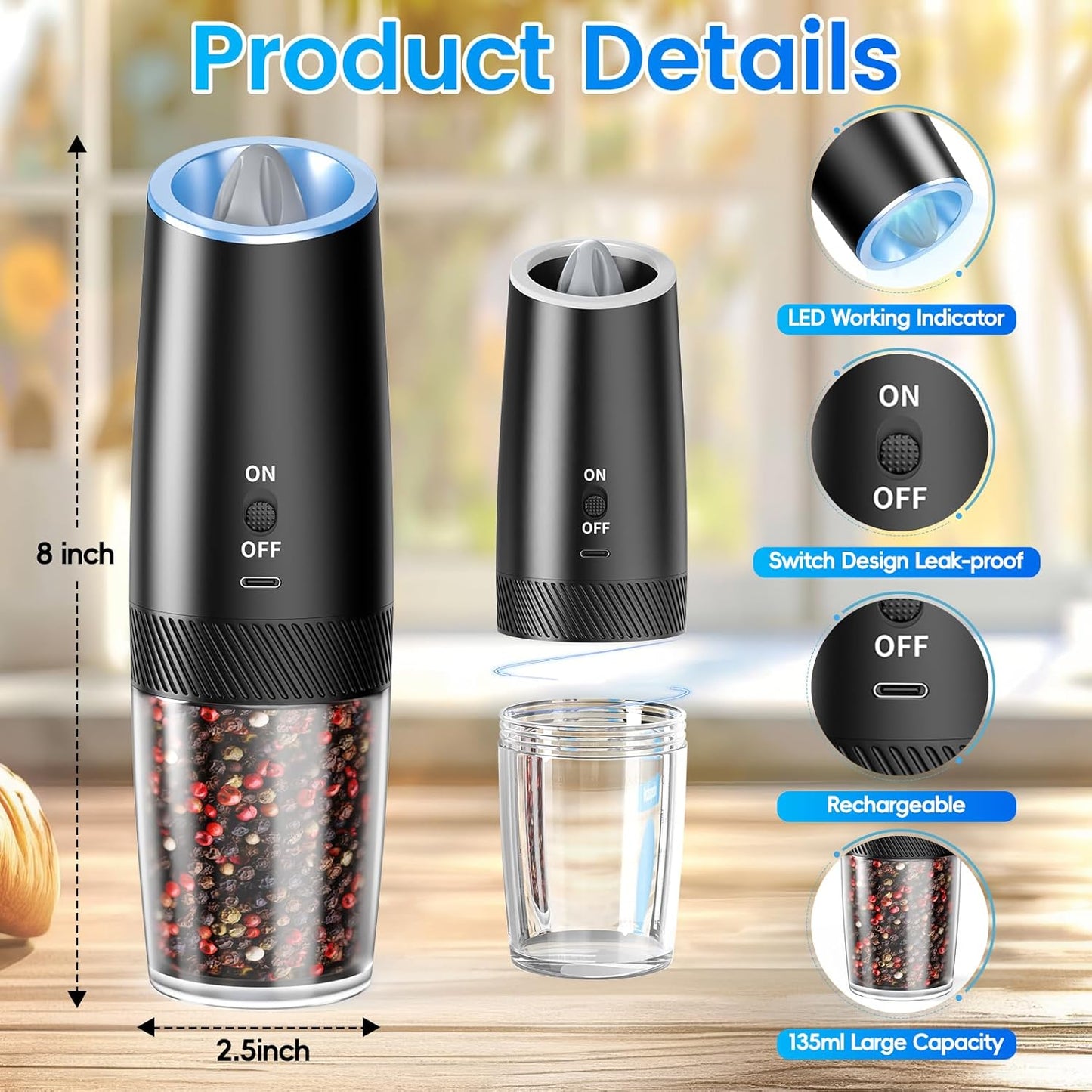 Rechargeable Electric Salt and Pepper Grinder Set with LED Light, Type-C Fast Charging, Adjustable Coarseness, Large Capacity for Kitchen, Restaurant, and Outdoor Use (2 Pack)