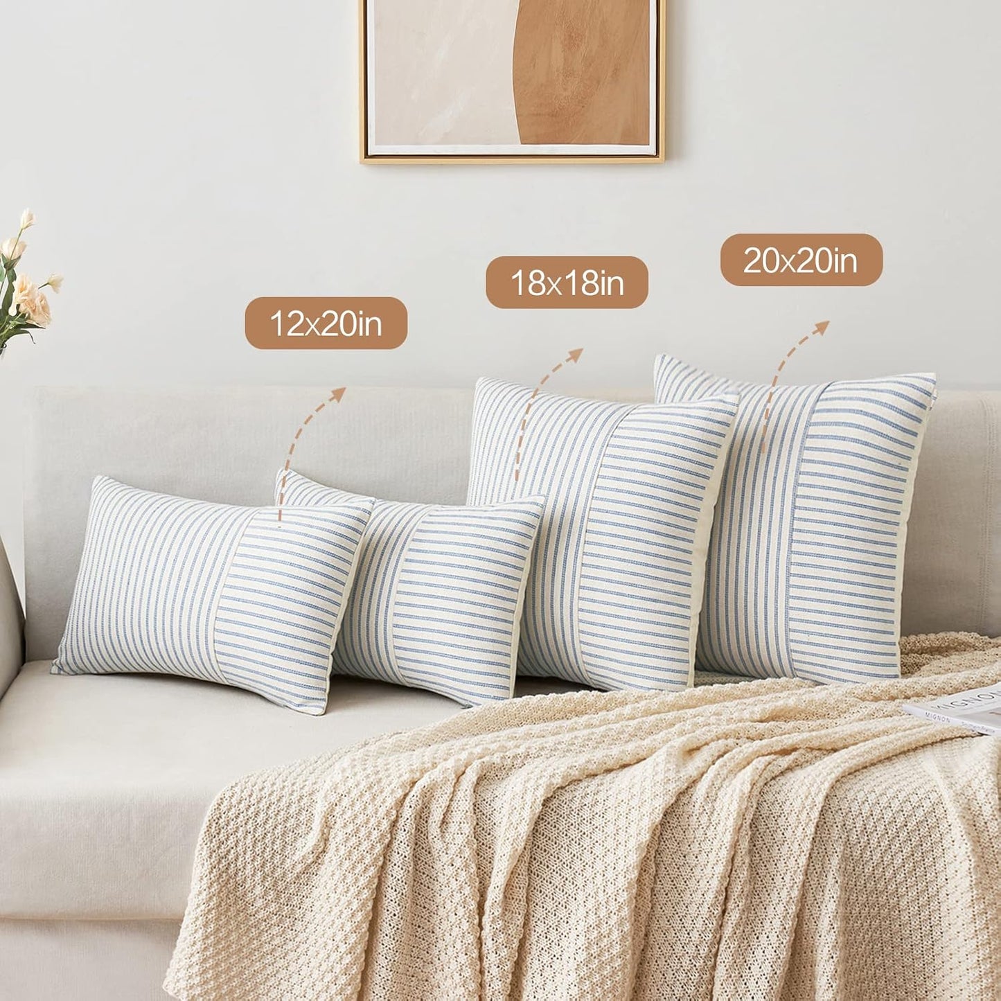 Light Blue and Beige Patchwork Farmhouse Pillow Covers 18X18 Inch, Pack of 2 Striped Linen Spring Decorative Modern Accent Pillow Cases for Sofa Couch Bedroom