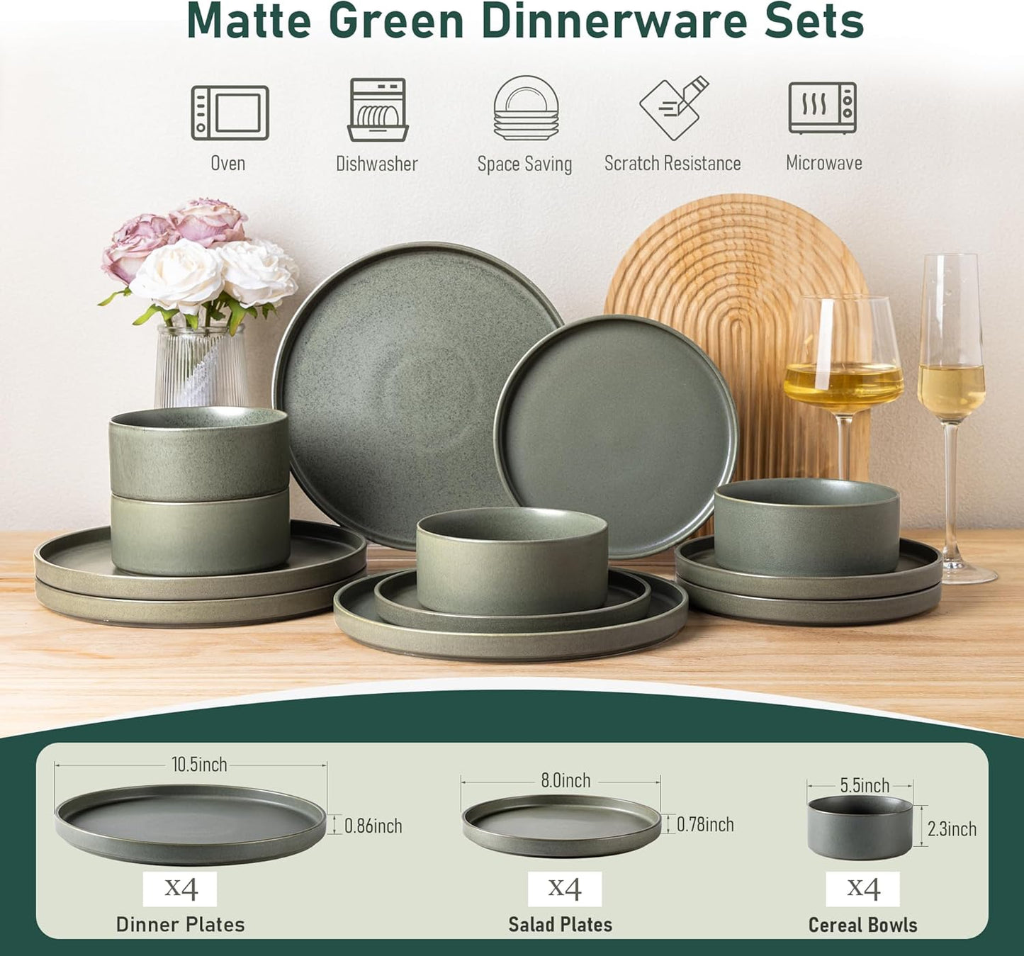 Ceramic Dinnerware Set for Four - Stoneware Plates and Bowls, Chip and Scratch Resistant, Dishwasher, Microwave, and Oven Safe, Reactive Glaze in Green