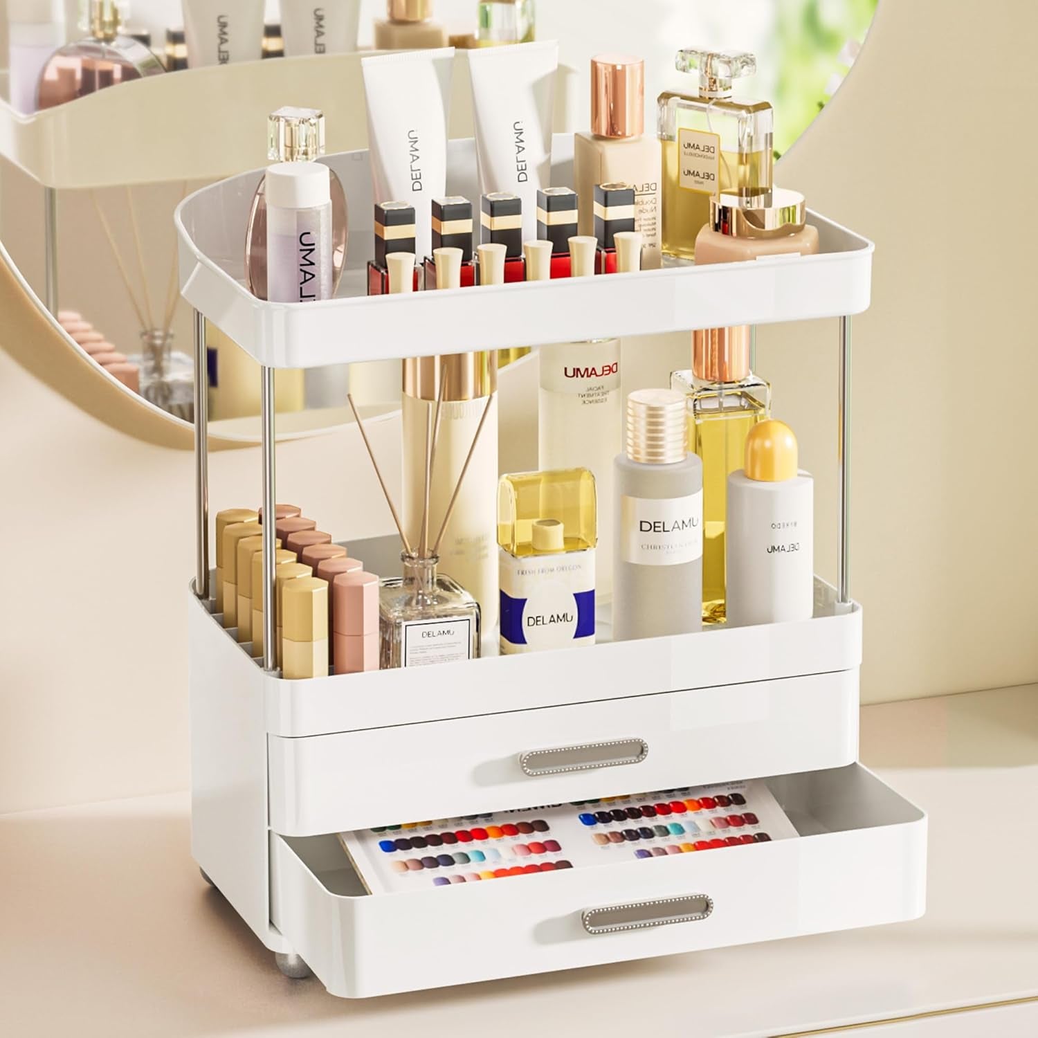 Bathroom Counter Organizer with Lipstick Holder, Acrylic 4-Tier 2-Drawers Makeup Organizer, Bathroom Organizers and Storage for Vanity, Office Supplies, Perfume, Skincare, Face Mask, White