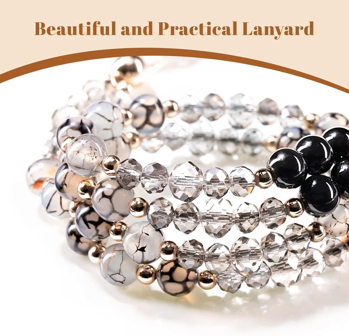 Teacher Lanyards for Id Badges and Keys, Retractable Natural Stone Beaded Lanyard for Women Cute with Id Holder, Black