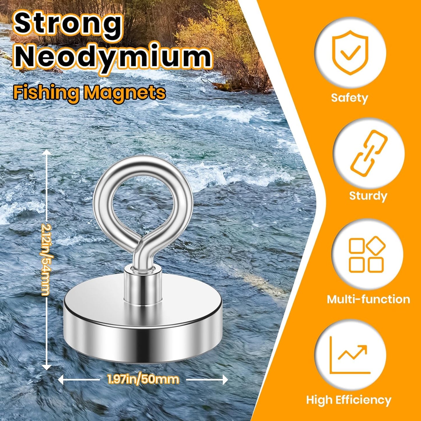Neodymium Fishing Magnets with 300 lbs Pulling Force, Durable Rare Earth Magnets Featuring Countersunk Eyebolt for Retrieval in Water and Outdoor Environments - 1.97 Inch