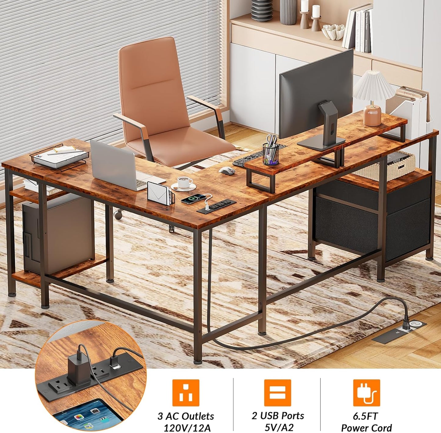 66” L Shaped Desk with Power Outlet, Reversible Computer Gaming Desk with File Drawer & 2 Monitor Stands for Home Office with Storage Shelves, Rustic Brown